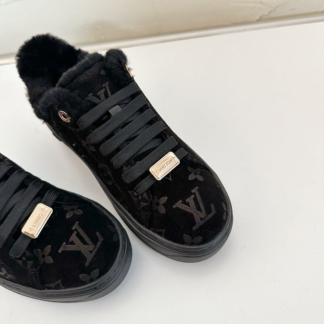 TIME OUT SNEAKER IN BLACK MONOGRAM EMBOSSED SUEDE WITH FLEECE LINING