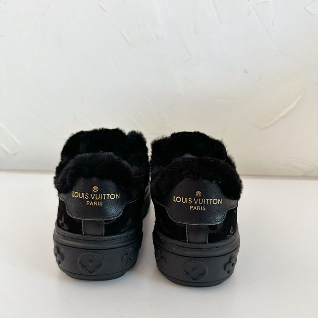 TIME OUT SNEAKER IN BLACK MONOGRAM EMBOSSED SUEDE WITH FLEECE LINING