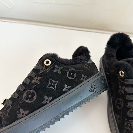 TIME OUT SNEAKER IN BLACK MONOGRAM EMBOSSED SUEDE WITH FLEECE LINING