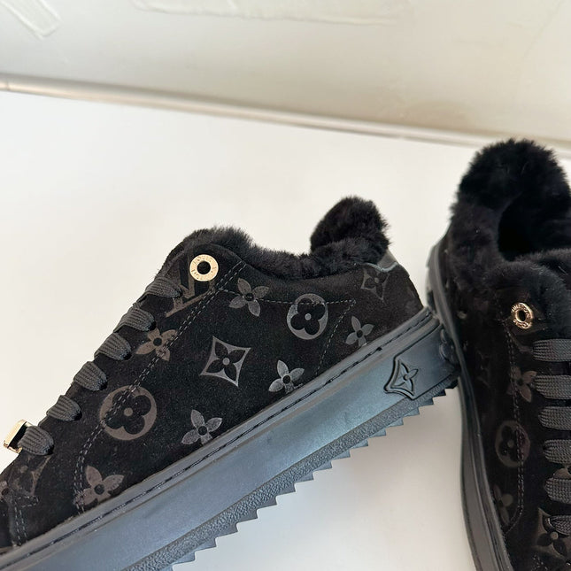 TIME OUT SNEAKER IN BLACK MONOGRAM EMBOSSED SUEDE WITH FLEECE LINING