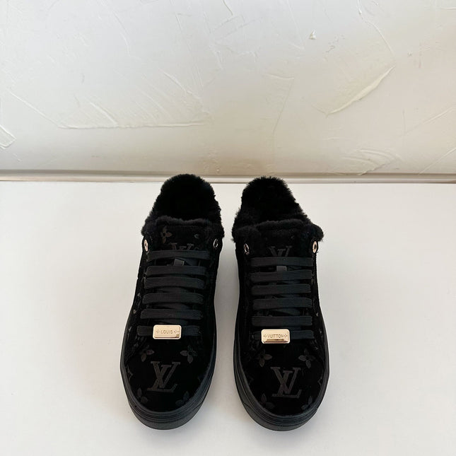 TIME OUT SNEAKER IN BLACK MONOGRAM EMBOSSED SUEDE WITH FLEECE LINING