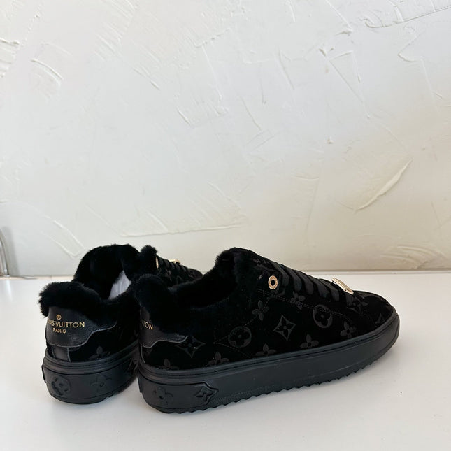 TIME OUT SNEAKER IN BLACK MONOGRAM EMBOSSED SUEDE WITH FLEECE LINING