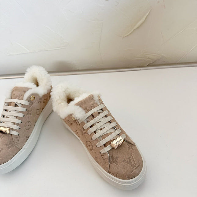 TIME OUT SNEAKER IN DESERT BROWN MONOGRAM EMBOSSED SUEDE WITH FLEECE LINING