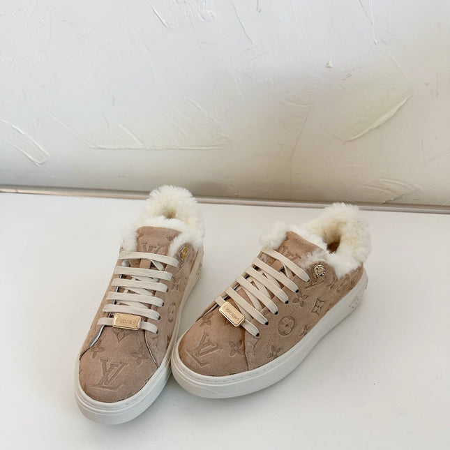 TIME OUT SNEAKER IN DESERT BROWN MONOGRAM EMBOSSED SUEDE WITH FLEECE LINING
