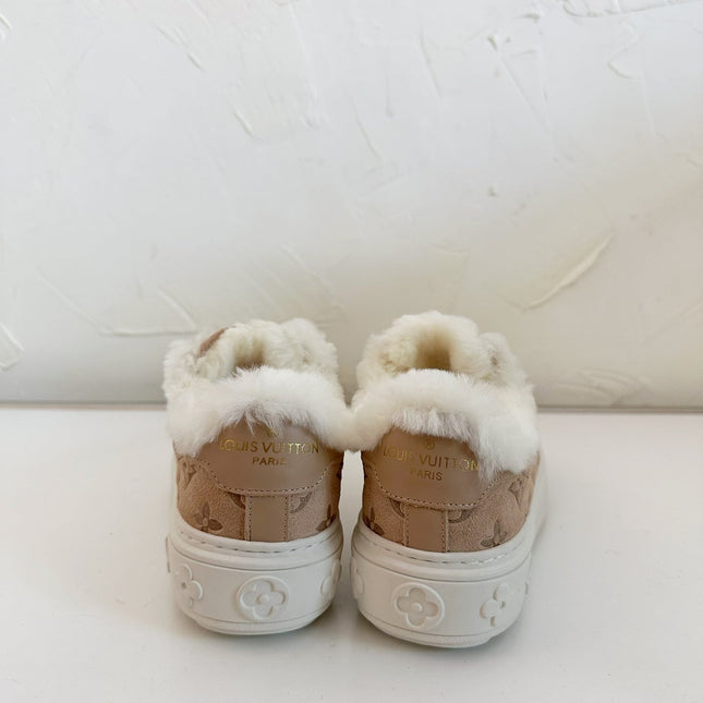 TIME OUT SNEAKER IN DESERT BROWN MONOGRAM EMBOSSED SUEDE WITH FLEECE LINING