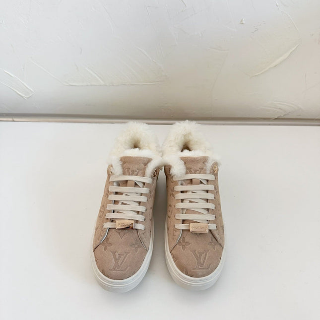 TIME OUT SNEAKER IN DESERT BROWN MONOGRAM EMBOSSED SUEDE WITH FLEECE LINING