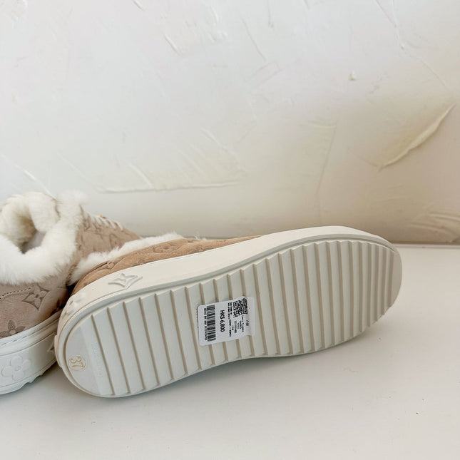 TIME OUT SNEAKER IN DESERT BROWN MONOGRAM EMBOSSED SUEDE WITH FLEECE LINING