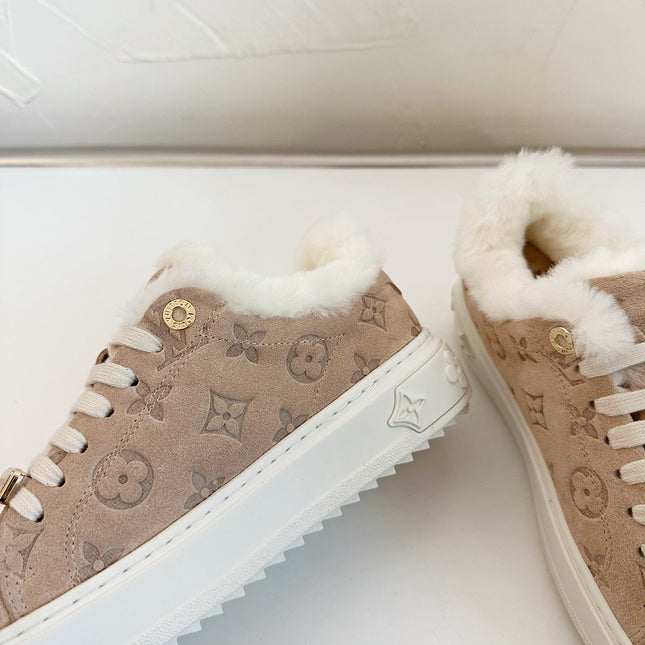 TIME OUT SNEAKER IN DESERT BROWN MONOGRAM EMBOSSED SUEDE WITH FLEECE LINING