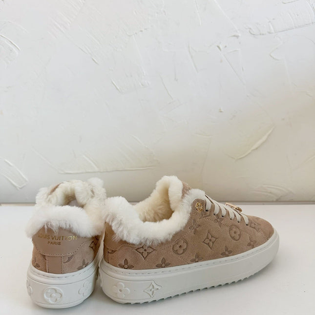 TIME OUT SNEAKER IN DESERT BROWN MONOGRAM EMBOSSED SUEDE WITH FLEECE LINING