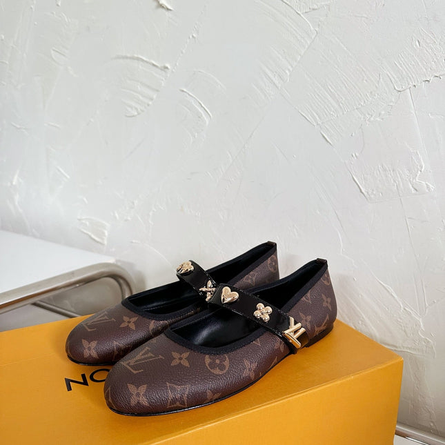 ROMY FLAT BALLERINA IN CHOCOLATE BROWN MONOGRAM CALFSKIN