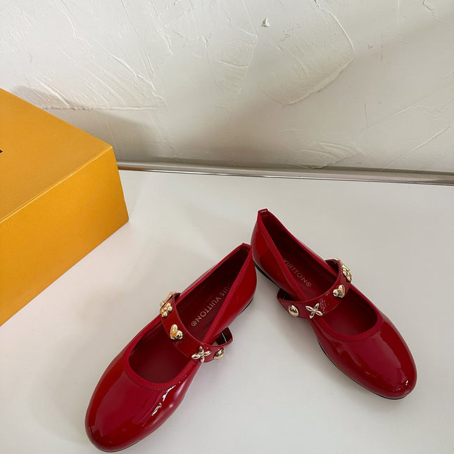 ROMY FLAT BALLERINA IN RUBY RED PATENT CALFSKIN