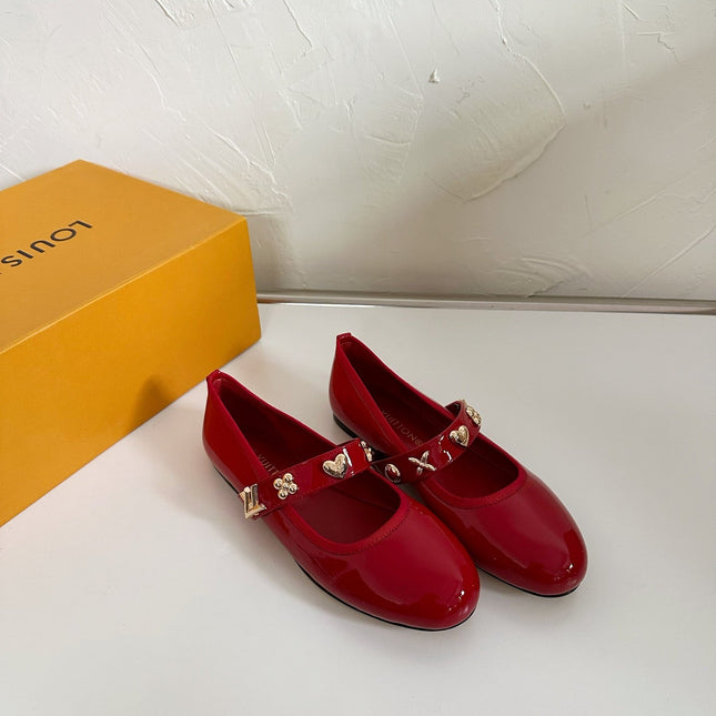 ROMY FLAT BALLERINA IN RUBY RED PATENT CALFSKIN