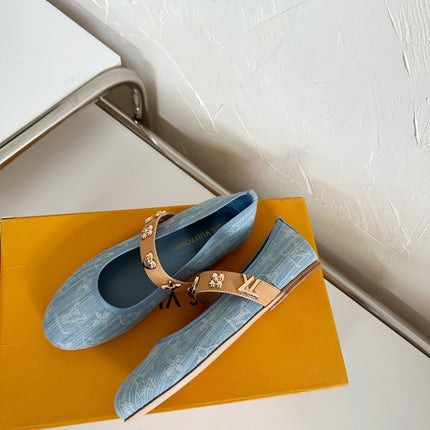 ROMY FLAT BALLERINA IN LIGHT BLUE MONOGRAM DENIM