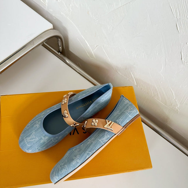 ROMY FLAT BALLERINA IN LIGHT BLUE MONOGRAM DENIM