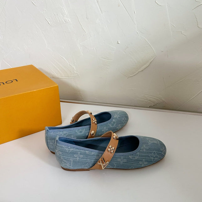 ROMY FLAT BALLERINA IN LIGHT BLUE MONOGRAM DENIM