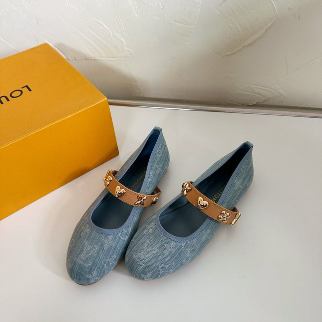 ROMY FLAT BALLERINA IN LIGHT BLUE MONOGRAM DENIM