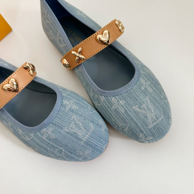 ROMY FLAT BALLERINA IN LIGHT BLUE MONOGRAM DENIM