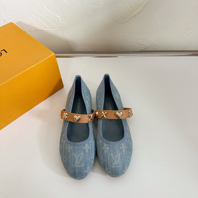ROMY FLAT BALLERINA IN LIGHT BLUE MONOGRAM DENIM