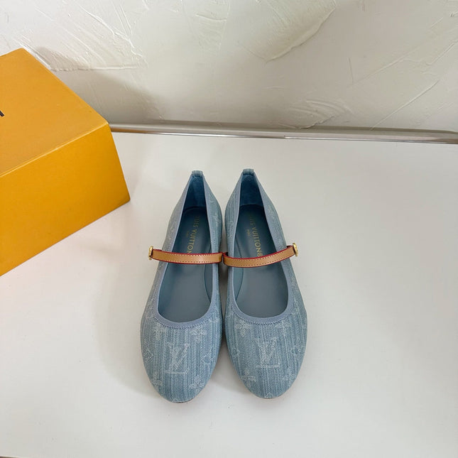 ROMY FLAT BALLERINA IN LIGHT BLUE MONOGRAM DENIM FABRIC