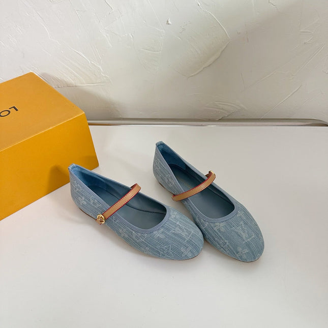 ROMY FLAT BALLERINA IN LIGHT BLUE MONOGRAM DENIM FABRIC