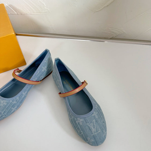 ROMY FLAT BALLERINA IN LIGHT BLUE MONOGRAM DENIM FABRIC