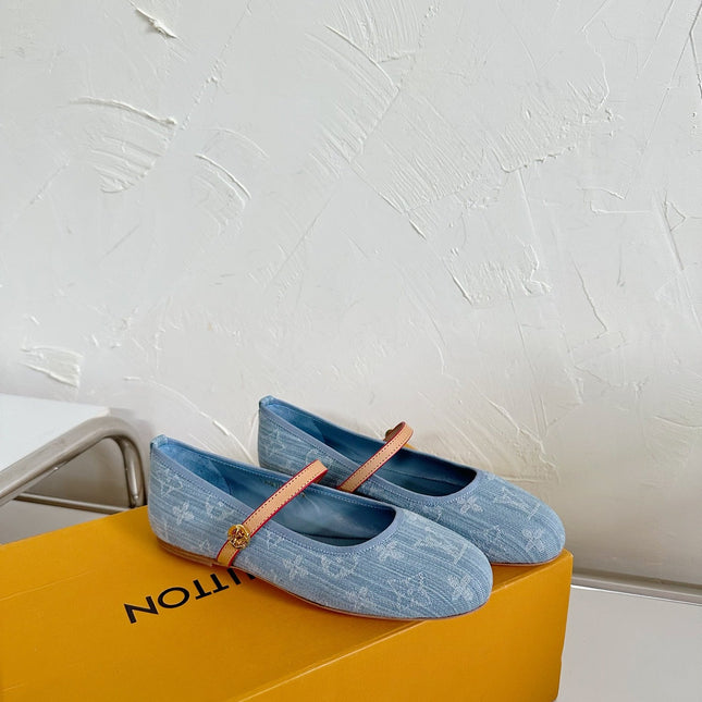 ROMY FLAT BALLERINA IN LIGHT BLUE MONOGRAM DENIM FABRIC