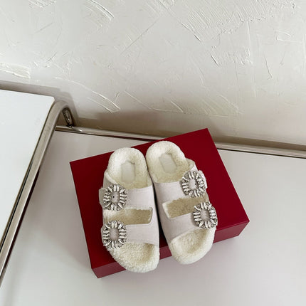 SLIDY VIV’ FUR STRASS BUCKLE MULES IN LIGHT GREY SUEDE AND CREAM SHEARLING INSOLE