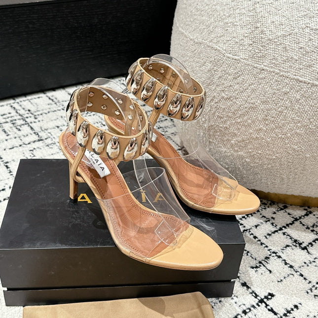 ALAIA HIGH SANDAL IN BEIGE CALFSKN AND FILM WITH CRYSTAL