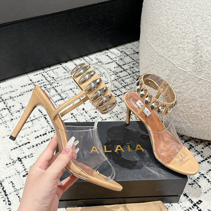 ALAIA HIGH SANDAL IN BEIGE CALFSKN AND FILM WITH CRYSTAL