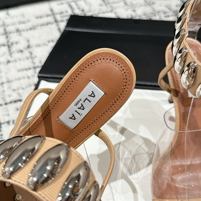 ALAIA HIGH SANDAL IN BEIGE CALFSKN AND FILM WITH CRYSTAL