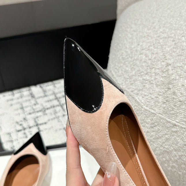 ALAIA PUMP 1 CM IN ALMOND BEIGE SUEDE MIX BLACK CALFSKIN
