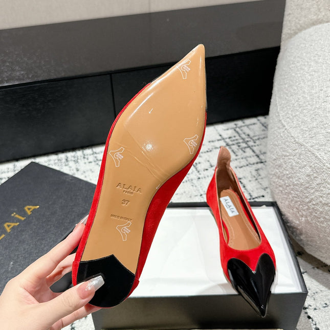 ALAIA PUMP 1 CM IN CHERRY RED SUEDE MIX BLACK CALFSKIN