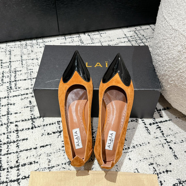ALAIA PUMP 1 CM IN COPPER BROWN SUEDE MIX BLACK CALFSKIN