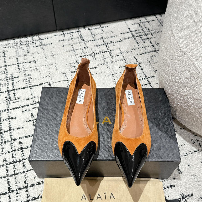 ALAIA PUMP 1 CM IN COPPER BROWN SUEDE MIX BLACK CALFSKIN