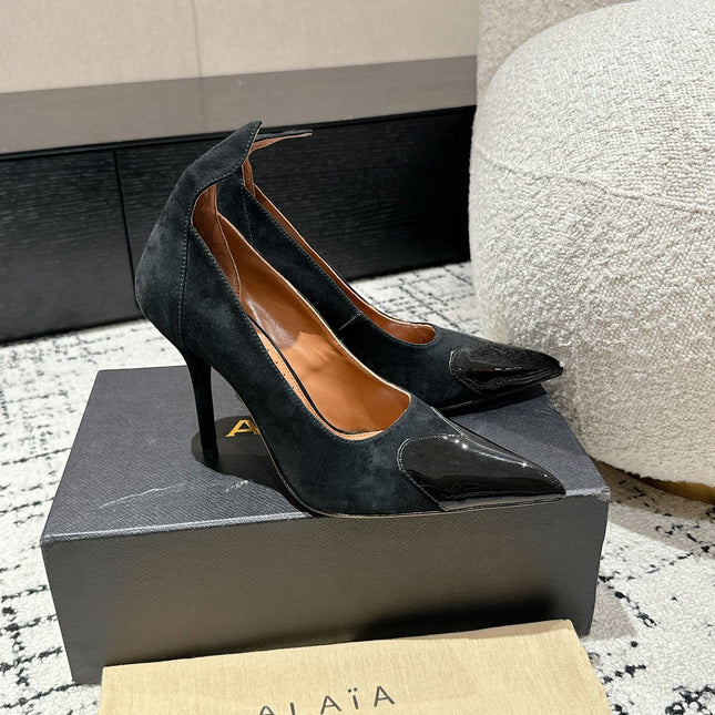 ALAIA HIGH PUMPS 10CM IN BLACK SUEDE MIX CALFSKIN