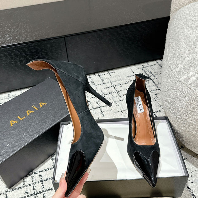 ALAIA HIGH PUMPS 10CM IN BLACK SUEDE MIX CALFSKIN