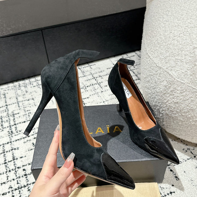 ALAIA HIGH PUMPS 10CM IN BLACK SUEDE MIX CALFSKIN