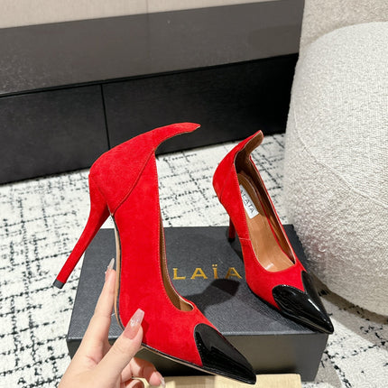 ALAIA HIGH PUMPS 10CM IN CHERRY RED SUEDE MIX BLACK CALFSKIN