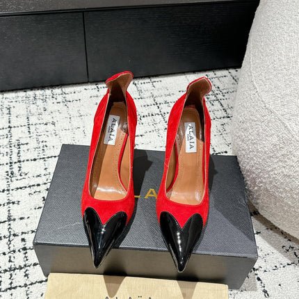 ALAIA HIGH PUMPS 10CM IN CHERRY RED SUEDE MIX BLACK CALFSKIN