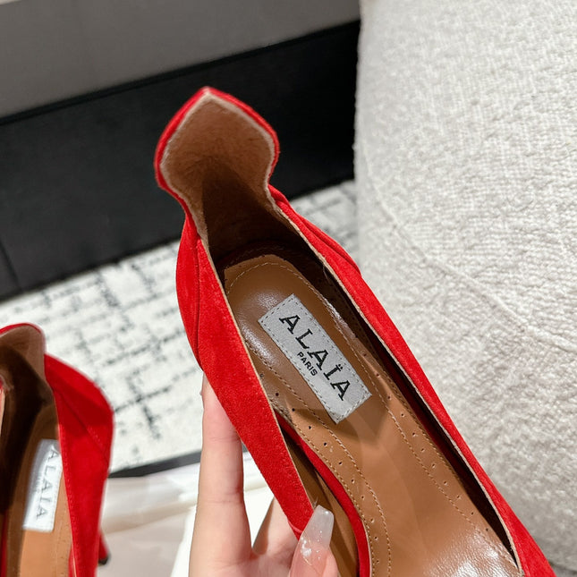 ALAIA HIGH PUMPS 10CM IN CHERRY RED SUEDE MIX BLACK CALFSKIN