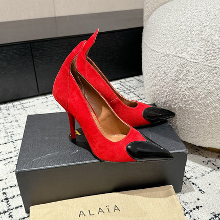 ALAIA HIGH PUMPS 10CM IN CHERRY RED SUEDE MIX BLACK CALFSKIN