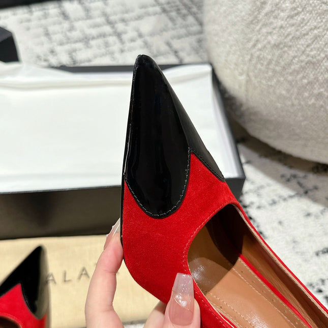 ALAIA HIGH PUMPS 10CM IN CHERRY RED SUEDE MIX BLACK CALFSKIN