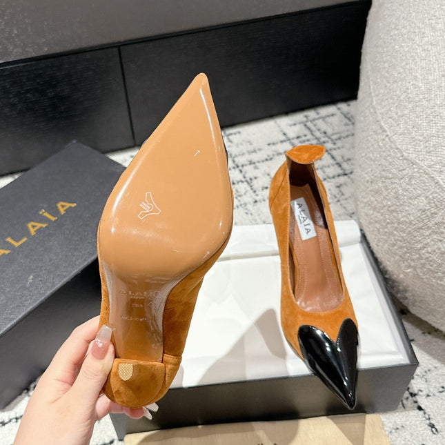 ALAIA HIGH PUMPS 10CM IN COPPER BROWN SUEDE MIX BLACK CALFSKIN