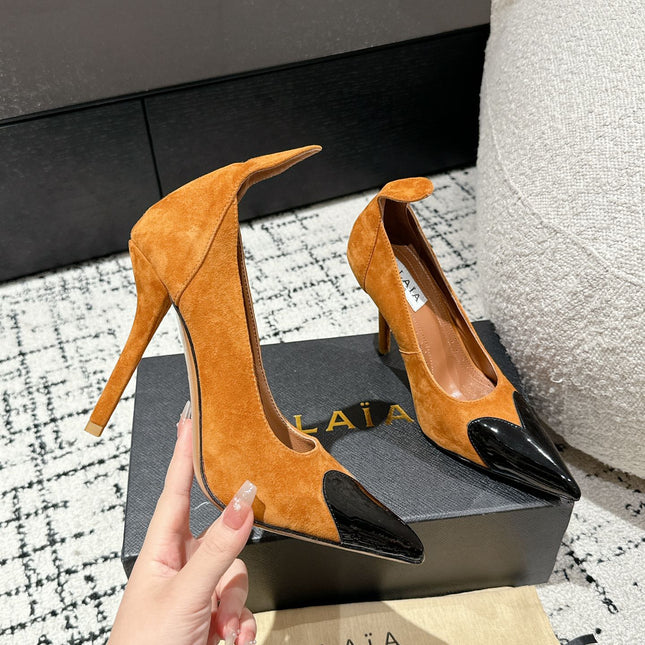 ALAIA HIGH PUMPS 10CM IN COPPER BROWN SUEDE MIX BLACK CALFSKIN