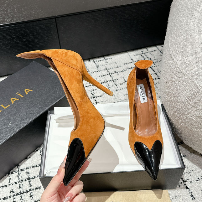 ALAIA HIGH PUMPS 10CM IN COPPER BROWN SUEDE MIX BLACK CALFSKIN