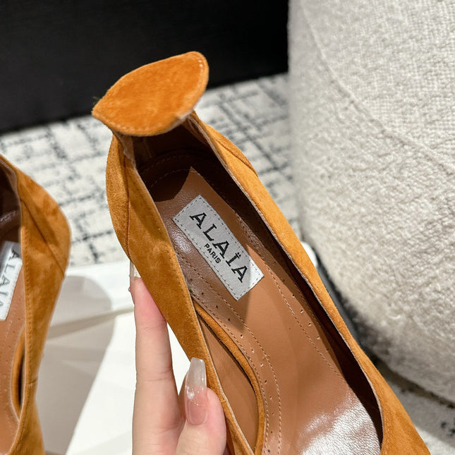 ALAIA HIGH PUMPS 10CM IN COPPER BROWN SUEDE MIX BLACK CALFSKIN