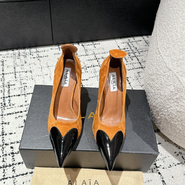 ALAIA HIGH PUMPS 10CM IN COPPER BROWN SUEDE MIX BLACK CALFSKIN