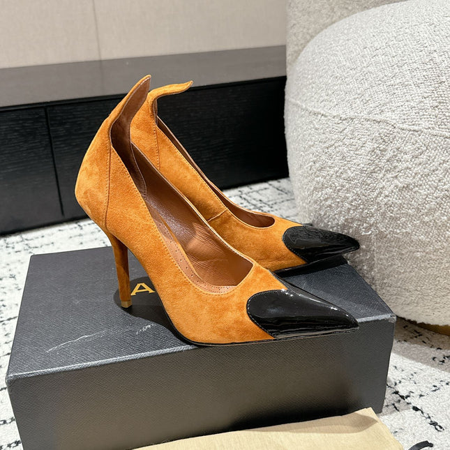 ALAIA HIGH PUMPS 10CM IN COPPER BROWN SUEDE MIX BLACK CALFSKIN