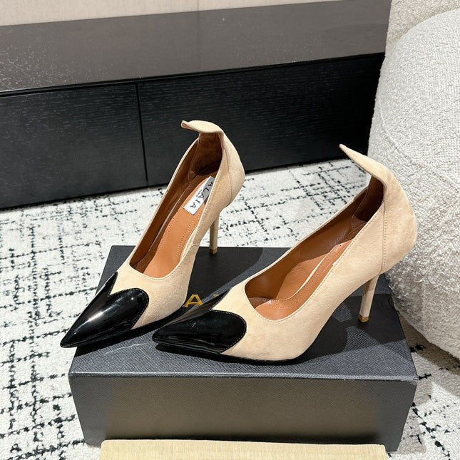 ALAIA HIGH PUMPS 10CM IN BEIGE SUEDE MIX BLACK CALFSKIN