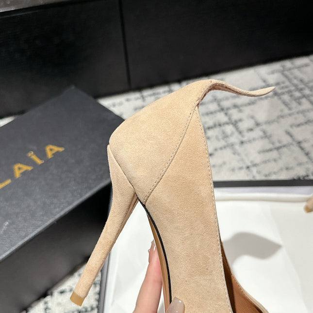 ALAIA HIGH PUMPS 10CM IN BEIGE SUEDE MIX BLACK CALFSKIN